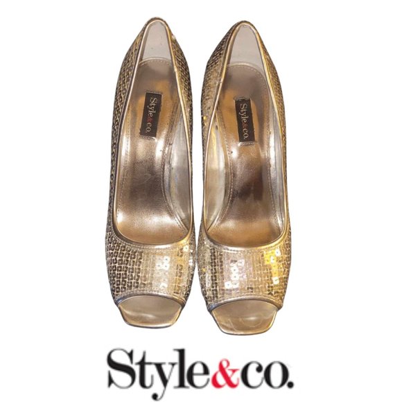Style & Co. Silver Sequined Square Peep Toe Heels - Picture 1 of 8